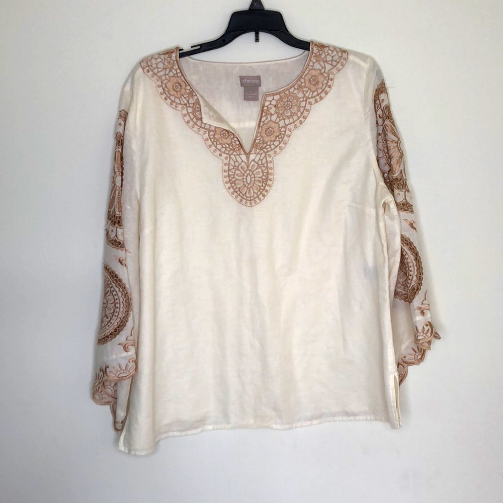 Chico's ivory embroidered linen blouse Sz 2 12/14